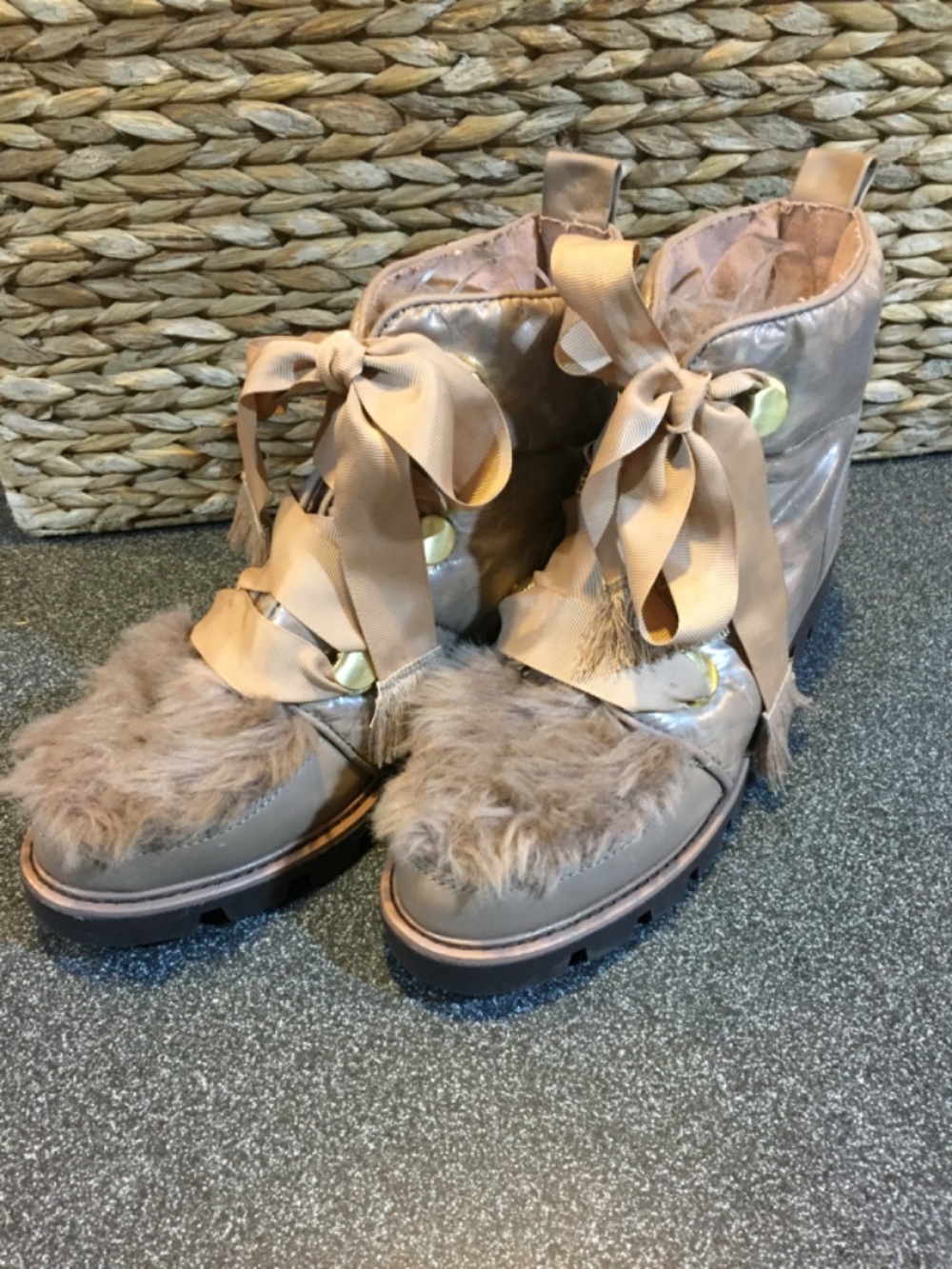 Kelsi Dagger Taupe Faux Fur Ribbon Ankle Booties - Picture 9 of 14